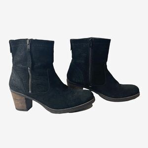 Taos Black Leather Boots Womens 8-8.5 Zip Up Block Wood Heel Ankle Bootie Closed